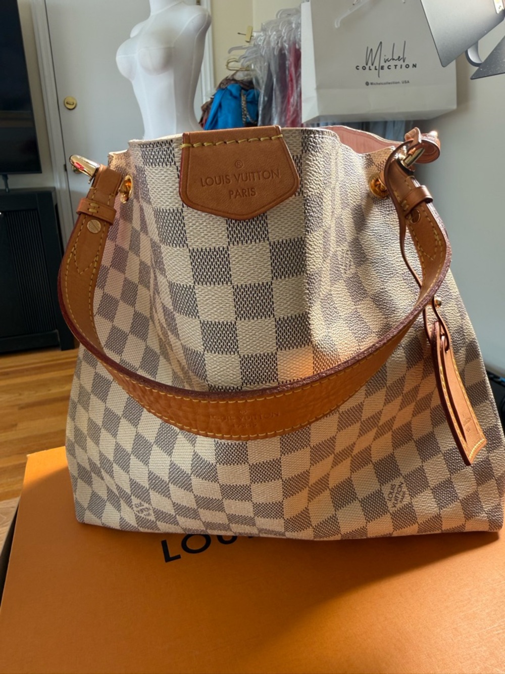 Louis Vuitton Damier Azur Shoulder Bag with Tan Leather Trim